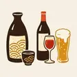 一升瓶と猪口・赤ワインとグラス・泡の立つビールのイラスト
