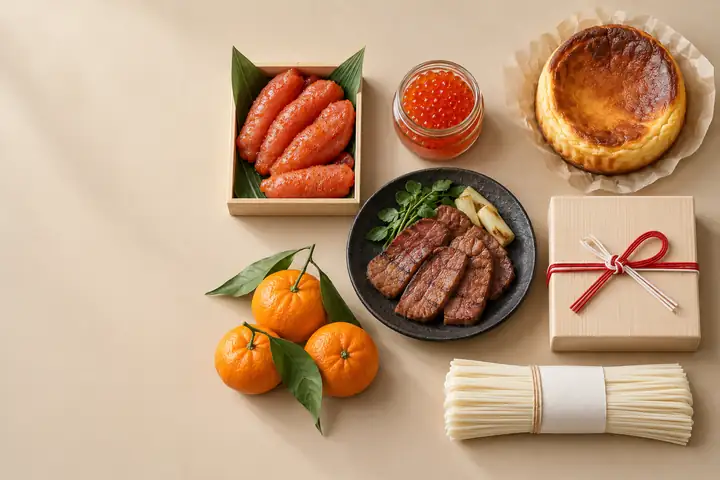 生成りの紙の上に、明太子の木箱・いくらの瓶・チーズケーキ・牛タンの皿・葉付きのみかん・水引を掛けた桐箱・束ねた乾麺の7品を、間を空けて並べた俯瞰写真