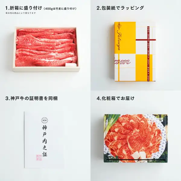 用四张照片展示神戸牛寿喜烧用牛肉包装流程的商品图片(神戸牛専門店 辰屋 神戸牛 すき焼き肉 特選ロース)。左上为木制折箱中摆放的薄切牛肉,右上为黄白方格包装纸系红色缎带的包裹,左下为写有「神戸肉之証」的白色卡片,右下为印有寿喜烧照片的礼盒。图片内为店铺自行加入的文字:「1.折箱に盛り付け(400gは竹皮に盛り付け)」「※お肉は商品により異なります」「2.包装紙でラッピング」「3.神戸牛の証明書を同梱」「4.化粧箱でお届け」