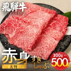 黒い皿に薄切りの飛騨牛の赤身スライス肉を重ねて盛り付けた、訳あり 飛騨牛 赤身スライス すきしゃぶ用 500g（飛騨市のふるさと納税）の店舗掲載写真。店舗が画像に入れた表示として、「飛騨牛 HIDAGYU」「赤身 大判 すきしゃぶ」「300g～500g」の文字あり。