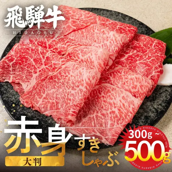 黒い皿に薄切りの飛騨牛の赤身スライス肉を重ねて盛り付けた、訳あり 飛騨牛 赤身スライス すきしゃぶ用 500g（飛騨市のふるさと納税）の店舗掲載写真。店舗が画像に入れた表示として、「飛騨牛 HIDAGYU」「赤身 大判 すきしゃぶ」「300g～500g」の文字あり。