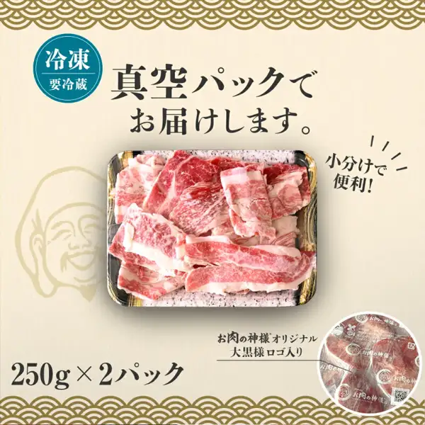 Product photo of a black-rimmed tray of off-cuts from the Oniku no Kamisama Kamisama no Kiriotoshi taste-comparison set (お肉の神様 神様の切り落とし 食べ比べセット). A round inset at the lower right shows individually wrapped packs printed with the shop logo, and a faint illustration of Daikoku-sama is in the background. Text the shop placed in the image reads: “冷凍 要冷蔵” (frozen, keep refrigerated), “真空パックでお届けします。” (delivered in vacuum packs), “小分けで便利!” (convenient small portions), “お肉の神様オリジナル 大黒様ロゴ入り” (with the shop's original Daikoku-sama logo) and “250g×2パック” (2 packs of 250 g).