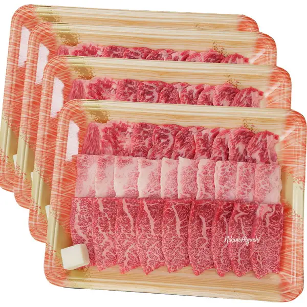Product photo of four stacked trays of Hida beef karubi for yakiniku (Hida Gyu Karubi Yakiniku, 4 packs of 500g, Tera Portion, 2kg total), with a “Nikuno Higuchi” shop-logo watermark over the meat on the front tray