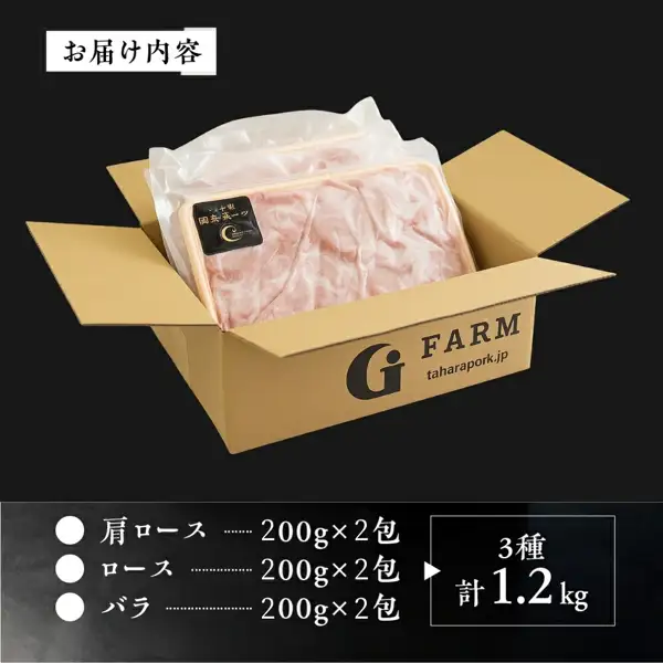 側面に「G FARM taharapork.jp」と印刷された段ボール箱に、黒いラベルの付いた真空包装のトレー入り豚肉が入っている黒背景の写真（Gファーム 田原ポーク しゃぶしゃぶ用 3種小分け）。店舗が画像に入れた表示として「お届け内容」「肩ロース 200g×2包」「ロース 200g×2包」「バラ 200g×2包」「3種 計1.2kg」の文字