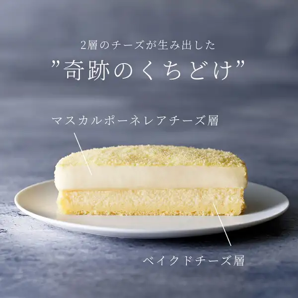白い皿にのせたドゥーブルフロマージュの断面の商品写真。上に白いチーズクリームの層、下にスポンジ状の生地の層が見える。店舗が画像に入れた表示「2層のチーズが生み出した ”奇跡のくちどけ”」「マスカルポーネレアチーズ層」「ベイクドチーズ層」