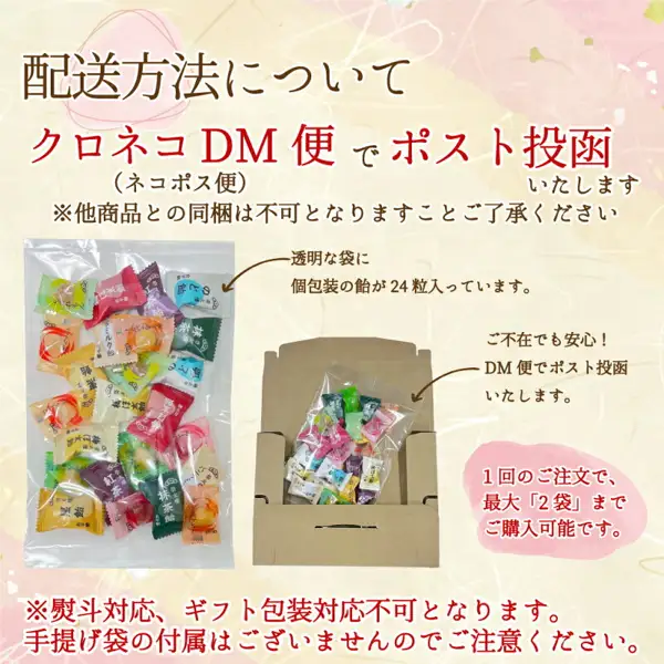 Product-page image of the 榮太樓飴 果汁飴 12-Kind, 24-Piece Trial Set (榮太樓總本鋪): a clear bag full of colorful individually wrapped candies on the left and the same bag inside a small cardboard box on the right. Text the shop put in the image: “配送方法について” (About delivery), “クロネコDM便（ネコポス便）でポスト投函いたします” (delivered by Kuroneko DM-bin / Nekopos, dropped in the mailbox), “他商品との同梱は不可となりますことご了承ください” (cannot be bundled with other items), “透明な袋に個包装の飴が24粒入っています。” (24 individually wrapped candies in a clear bag), “ご不在でも安心！DM便でポスト投函いたします。” (mailbox drop, so absence is fine), “1回のご注文で、最大「2袋」まで購入可能です。” (up to 2 bags per order), “熨斗対応、ギフト包装対応不可となります。手提げ袋の付属はございませんのでご注意ください。” (no noshi or gift wrapping, no carrier bag)