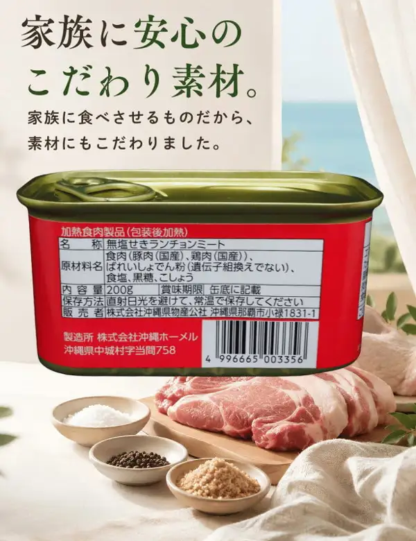 わしたポーク 12缶（カタリストショップ）の缶のラベルを大きく写した商品写真。赤いラベルに「加熱食肉製品（包装後加熱）」、名称「無塩せきランチョンミート」、原材料名「食肉（豚肉（国産）、鶏肉（国産））、ばれいしょでん粉（遺伝子組換えでない）、食塩、黒糖、こしょう」、内容量「200g」、賞味期限「缶底に記載」、保存方法「直射日光を避けて、常温で保存してください」、販売者「株式会社沖縄県物産公社 沖縄県那覇市小禄1831-1」、製造所「株式会社沖縄ホーメル 沖縄県中城村字当間758」の表示がある。缶の下には生の豚肉のかたまりと、白い粉、黒い粒、茶色い粒状のものを入れた3つの小皿が写っている。画像内に店舗が画像に入れた表示として、「家族に安心のこだわり素材。」「家族に食べさせるものだから、素材にもこだわりました。」の文字あり。