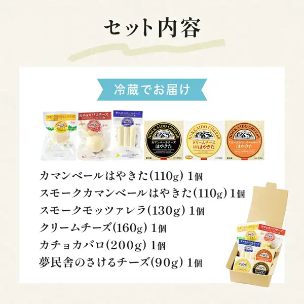 6種類のチーズを包装のまま横一列に並べ（左からスモークモッツァレラ、カチョカバロ、さけるチーズ、カマンベールはやきた、クリームチーズ、スモークカマンベールはやきた）、右下にチーズを詰めた紙箱を置いた写真（夢民舎 はやきたチーズ色々詰合せセット・北海道安平町のふるさと納税）。店舗が画像に入れた表示として「セット内容」「冷蔵でお届け」「カマンベールはやきた(110g) 1個」「スモークカマンベールはやきた(110g) 1個」「スモークモッツァレラ(130g) 1個」「クリームチーズ(160g) 1個」「カチョカバロ(200g) 1個」「夢民舎のさけるチーズ(90g) 1個」の文字