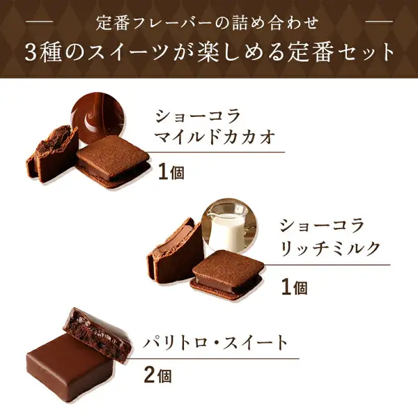 ショーコラ&パリトロ 4個入(バニラビーンズ)の中身を味ごとに示した図。クッキーでチョコレートをはさんだショーコラ マイルドカカオ(味のイメージとして溶けたチョコレートの丸い写真つき)とショーコラ リッチミルク(味のイメージとして牛乳の入ったピッチャーの丸い写真つき)、チョコレートでコーティングされたパリトロ・スイートを、それぞれ切って断面を見せた1切れとともに並べている。店舗が画像に入れた表示「定番フレーバーの詰め合わせ」「3種のスイーツが楽しめる定番セット」「ショーコラ マイルドカカオ 1個」「ショーコラ リッチミルク 1個」「パリトロ・スイート 2個」