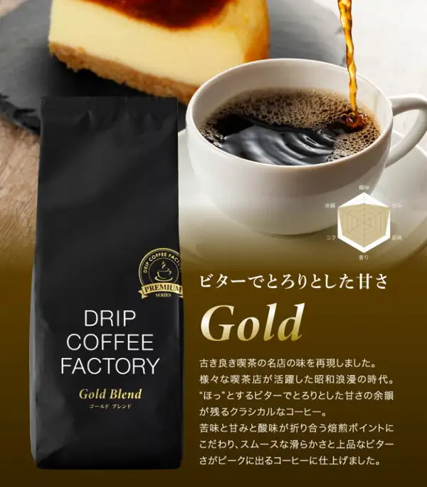 Product photo of a black Gold Blend bag, a white cup being filled with coffee, and a cheesecake placed behind them (DRIP COFFEE FACTORY Gold & Classic Assortment, whole beans, 2kg; the bag shown is one of the two blends in the set). Text the store added to the image: “ビターでとろりとした甘さ” (bitter yet velvety sweetness), “Gold”, a taste description beginning “古き良き喫茶の名店の味を再現しました。”, and a six-axis chart labeled 酸味, 甘み, 苦味, 香り, 余韻 and コク