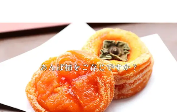 白い敷き紙の上に紀州あんぽ柿を2個並べた写真（ふみこ農園 紀州あんぽ柿 12個入）。手前は表面が透けたような橙色のあんぽ柿、奥はへたを上に向けたあんぽ柿で、どちらも縁に白い粉のようなものが付いている。店舗が画像に入れた表示として「あんぽ柿をご存じですか？」の文字