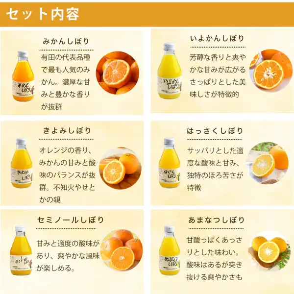 伊藤農園 柑橘ストレートジュース 飲み比べ お試し8本セットの「セット内容」の画像。6種の瓶(ラベル「みかんしぼり」「いよかんしぼり」「きよみしぼり」「はっさくしぼり」「セミノールしぼり」「あまなつしぼり」)と、それぞれの柑橘の果実を切った写真に説明が付く。店舗が画像に入れた表示として「セット内容」「みかんしぼり 有田の代表品種で最も人気のみかん。濃厚な甘みと豊かな香りが抜群」「いよかんしぼり 芳醇な香りと爽やかな甘みが広がるさっぱりとした美味しさが特徴的」「きよみしぼり オレンジの香り、みかんの甘みと酸味のバランスが抜群。不知火やせとかの親」「はっさくしぼり サッパリとした適度な酸味と甘み、独特のほろ苦さが特徴」「セミノールしぼり 甘みと適度の酸味があり、爽やかな風味が楽しめる。」「あまなつしぼり 甘酸っぱくあっさりとした味わい。酸味はあるが突き抜ける爽やかさも」の文字あり。