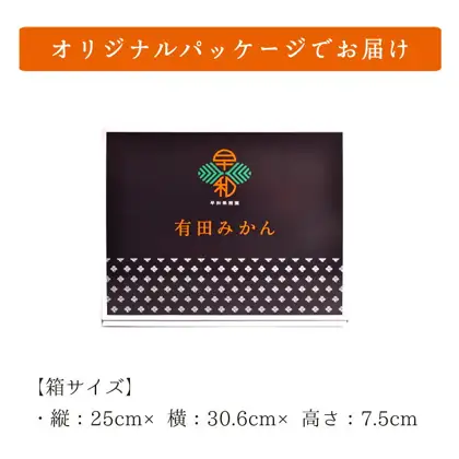 早和果樹園 彩りみかんセットが届くときの箱の画像。黒地の箱のふたに「早和」のロゴと「早和果樹園」「有田みかん」の文字、下部に白い小紋の模様。店舗が画像に入れた表示「オリジナルパッケージでお届け」「【箱サイズ】」「・縦：25cm× 横：30.6cm× 高さ：7.5cm」