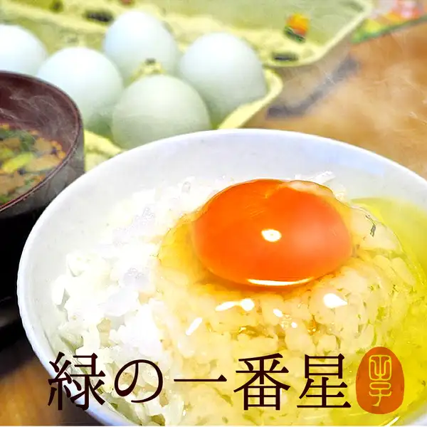 緑の一番星 生卵30个装（田子たまご村）的照片：米饭上的生蛋黄和一碗味噌汤，后方是托盘里的浅绿色蛋壳鸡蛋。店铺写入图片的文字：“緑の一番星”。米饭和味噌汤不包含在商品中