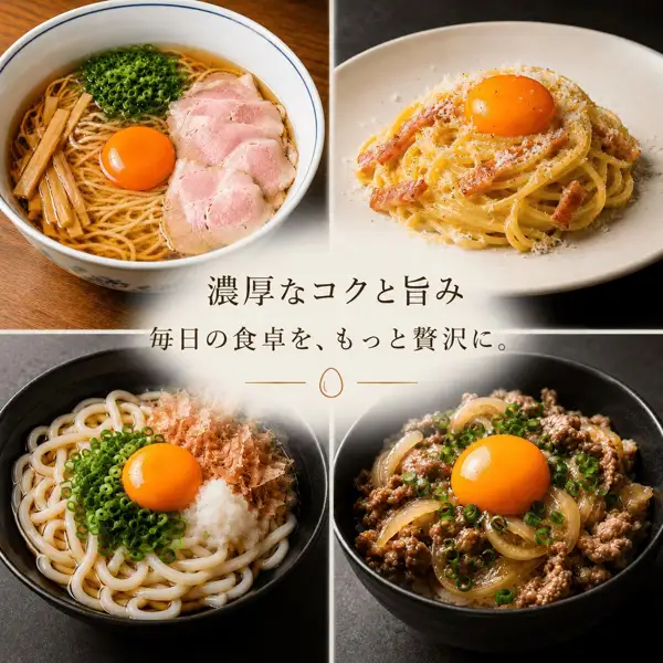Photo of serving examples using 日本一こだわり卵. Four dishes are shown: at top left, ramen topped with chashu pork, menma bamboo shoots, green onion and an egg yolk; at top right, pasta topped with bacon, grated cheese and an egg yolk; at bottom left, udon topped with green onion, bonito flakes, grated daikon and an egg yolk; at bottom right, simmered ground meat and onion topped with green onion and an egg yolk. Text the shop placed in the image: “濃厚なコクと旨み” (rich body and umami), “毎日の食卓を、もっと贅沢に。” (make your everyday table a little more luxurious). These are serving examples; the ramen, pasta, udon, chashu pork, menma, bacon, grated cheese, green onion, bonito flakes, grated daikon, ground meat and onion are not included in the product.