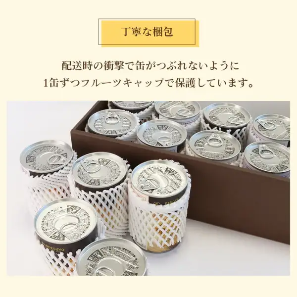 茶色の箱に並んだ缶詰パンの缶が、1缶ずつ白い網状のフルーツキャップで包まれている写真。上に「丁寧な梱包」「配送時の衝撃で缶がつぶれないように1缶ずつフルーツキャップで保護しています。」(店舗が画像に入れた表示)。パンですよ! 缶詰パンの化粧箱と保護された缶