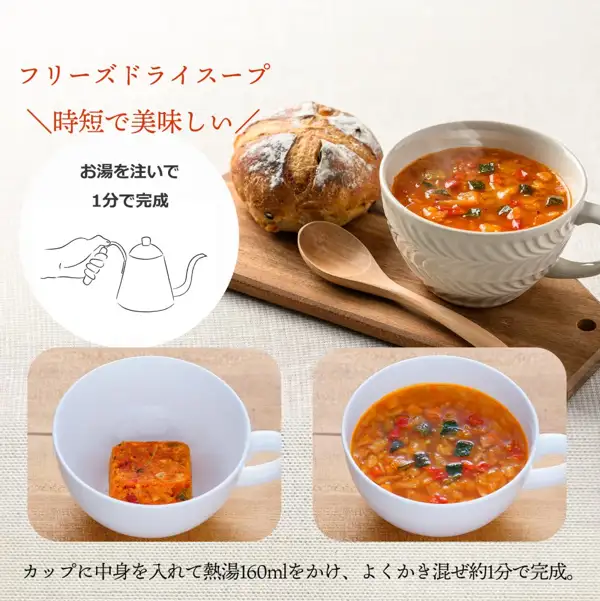 An image showing how to prepare a soup from the アスザックフーズ Soup Tasting Set with 20 Kinds of Vegetables and Mushrooms (6 Servings). At the top, a white soup cup on a wooden board holds a red soup with zucchini, red bell pepper and other ingredients, next to one round loaf of bread and a wooden spoon (the bread is not included with the product). In the two photos below, a square block of freeze-dried soup sits in a white cup, and next to it the same soup is ready after pouring in hot water; at the top left is an illustration of a hand pouring hot water from a kettle. The seller placed the following text in the image: “フリーズドライスープ” (freeze-dried soup), “＼時短で美味しい／” (quick and tasty), “お湯を注いで 1分で完成” (pour hot water, ready in 1 minute) and “カップに中身を入れて熱湯160mlをかけ、よくかき混ぜ約1分で完成。” (put the contents in a cup, pour 160 ml of boiling water, stir well, and it is ready in about 1 minute).
