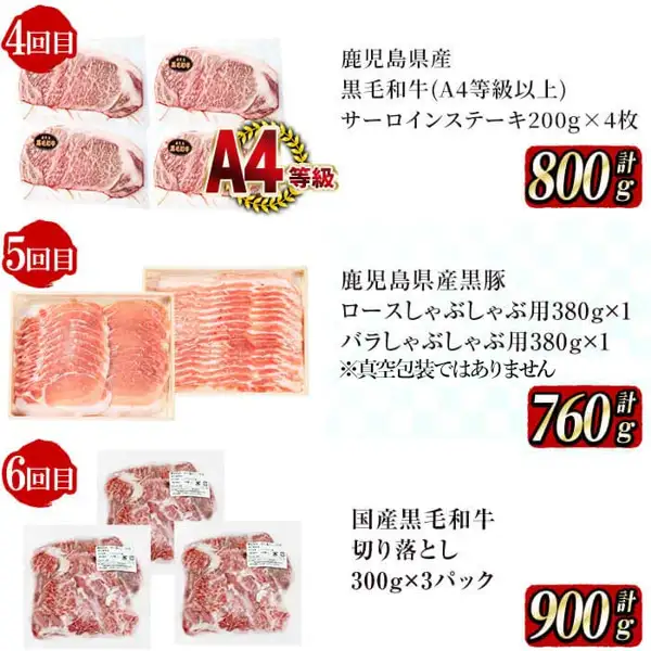 志布志牛・豚 満足定期コース 4〜6回目の内容を並べた商品写真。4回目は黒毛和牛サーロインステーキ4枚の個別パック、5回目は木のトレーに黒豚のロースとバラのしゃぶしゃぶ用スライス、6回目は黒毛和牛切り落としのパック3つ。店舗が画像に入れた表示「4回目 鹿児島県産 黒毛和牛(A4等級以上) サーロインステーキ200g×4枚 計800g」「A4等級」「5回目 鹿児島県産黒豚 ロースしゃぶしゃぶ用380g×1 バラしゃぶしゃぶ用380g×1 ※真空包装ではありません 計760g」「6回目 国産黒毛和牛 切り落とし 300g×3パック 計900g」