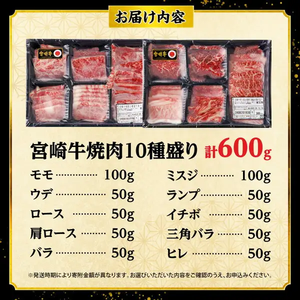 Contents image for the furusato nozei thank-you gift “Miyazaki Beef Yakiniku 10-Cut Assortment” (宮崎牛焼肉10種盛り合わせ). At the top is a photo of two packs of beef divided into small portions in black trays, and below it is a list of weights by cut. Text the shop placed in the image reads “お届け内容” (contents), “宮崎牛焼肉10種盛り 計600g” (Miyazaki beef yakiniku 10-cut assortment, 600g in total), “モモ 100g” (round), “ウデ 50g” (shoulder clod), “ロース 50g” (loin), “肩ロース 50g” (shoulder loin), “バラ 50g” (short plate), “ミスジ 100g” (top blade), “ランプ 50g” (rump), “イチボ 50g” (rump cap), “三角バラ 50g” (triangular short plate), “ヒレ 50g” (tenderloin), and “※発送時期により寄附金額が異なります。お選びいただいた内容をご確認のうえ、お申込みください。” (the donation amount differs depending on the shipping period; please check the content you selected before applying)