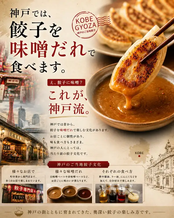 餃子専門店イチロー 神戸味噌だれ餃子的商品页面说明图片。右侧有一张大照片，用筷子夹起煎出焦色的饺子，蘸取盛在碗里的棕色味噌酱，后方摆着煎饺。左侧是神户街景照片，有南京町的门、港口塔和高架桥下的餐饮店。图片中有店铺放入图片的文字：“神戸では、餃子を味噌だれで食べます。”（在神户，饺子配味噌酱吃。）“え、餃子に味噌？”（咦，饺子配味噌？）“これが、神戸流。”（这就是神户风格。）“KOBE GYOZA 神戸のご当地餃子”（神户当地饺子）“神戸では昔から、餃子を味噌だれで楽しむ文化があります。お店ごとに個性があり、味も食べ方もさまざまです。神戸の人にとっては、当たり前の餃子文化です。”（在神户，自古就有用味噌酱享用饺子的文化。每家店各有特色，味道和吃法多种多样。对神户人来说，这是理所当然的饺子文化。）“神戸のご当地餃子文化”（神户当地饺子文化）“様々なお店で 町中華から専門店まで、多くのお店で楽しまれています。”（在各种店里：从街头中餐馆到专门店，许多店家都有供应。）“様々な味噌だれ 白味噌ベースや赤味噌ベースなど、お店ごとに味わいが異なります。”（各种味噌酱：有白味噌底、红味噌底等，每家店味道不同。）“それぞれの食べ方 酢や醤油、ラー油、にんにくなどを加えて、自分好みで楽しみます。”（各自的吃法：加入醋、酱油、辣油、大蒜等，按自己的喜好享用。）“神戸の街とともに育まれてきた、奥深い餃子の楽しみ方です。”（与神户这座城市一起培育出来的、深厚的饺子吃法。）以及地图上的“KOBE”