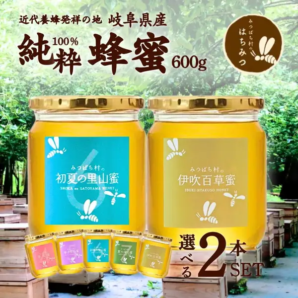 みつばち村・春日養蜂場の国産はちみつ600g×2本セットの商品写真。木立と木箱を背景に、金色の蓋の瓶2本（ラベルは「初夏の里山蜜」「伊吹百草蜜」）が並び、手前に小さな瓶5本がある。店舗が画像に入れた表示「近代養蜂発祥の地 岐阜県産」「純粋100% 蜂蜜 600g」「選べる2本SET」とロゴ「みつばち村のはちみつ」。
