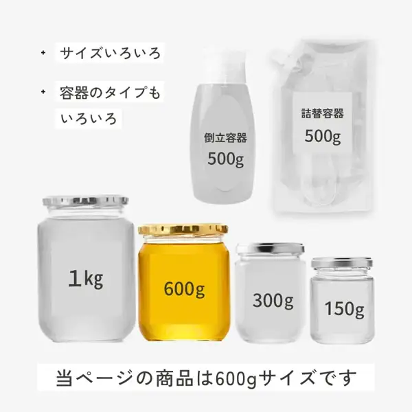 みつばち村・春日養蜂場の国産はちみつの容器サイズを比べた図。金色の蓋の600g瓶（はちみつ入り）を中央に、1kg・300g・150gの瓶と、倒立容器500g・詰替容器500gを薄い色で並べている。店舗が画像に入れた表示「サイズいろいろ」「容器のタイプもいろいろ」「当ページの商品は600gサイズです」。