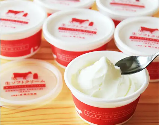 カップに入った生ソフトクリームにスプーンを添えた商品写真。背景のカップのふたに「生ソフトクリーム」「HAPPINESS DAIRY」「HOKKAIDO TOKACHI IKEDA」と印字されている