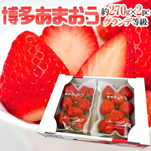 くらし快援隊 福冈产 あまおう（草莓） 等级G：装在盒中的2盒あまおう商品照片，背景有切开的草莓。店铺加入图片的文字：「博多あまおう」「約270g×2pc」「グランデ等級」