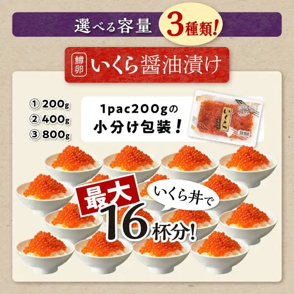 Guide image showing the amounts of Ikura Soy Sauce Marinade, Wakeari, Trout Roe, 200g–800g (furusato nozei, Shiranuka Town, Hokkaido). On the left the text “① 200g”, “② 400g”, “③ 800g”; on the right a photo of individual packs of ikura soy sauce marinade in trays; at the bottom a photo of 16 rice bowls topped with ikura. Text the shop placed in the image reads “選べる容量 3種類！” (3 selectable amounts), “鱒卵 いくら醤油漬け” (trout roe ikura soy sauce marinade), “1pac200gの小分け包装！” (individually packed, 200g per pack), and “最大 いくら丼で16杯分！” (up to 16 ikura rice bowls).