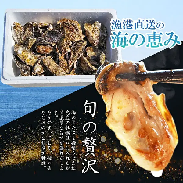 Seller's promotional image combining a photo of shell-on oysters in a white foam box with a grilled oyster held in tongs (松島牡蠣屋 Shell-On Oysters 2kg, labeled 生食用 for raw consumption). Text the shop placed in the image reads: “漁港直送の海の恵み”, “旬の贅沢” and “海のエキスを凝縮させた松島産の牡蠣は口に入れた瞬間濃厚な旨味が溢れだします。身が締まっており、磯の香りとほのかな甘味が特徴。”
