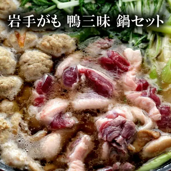 加入鸭肉、鸭肉丸、水菜和葱煮好的鸭肉火锅照片,上方有「岩手がも 鴨三昧 鍋セット」字样。此为盛装示例,水菜、葱等蔬菜不包含在商品中(豊代 鴨三昧 岩手がも鍋セット)