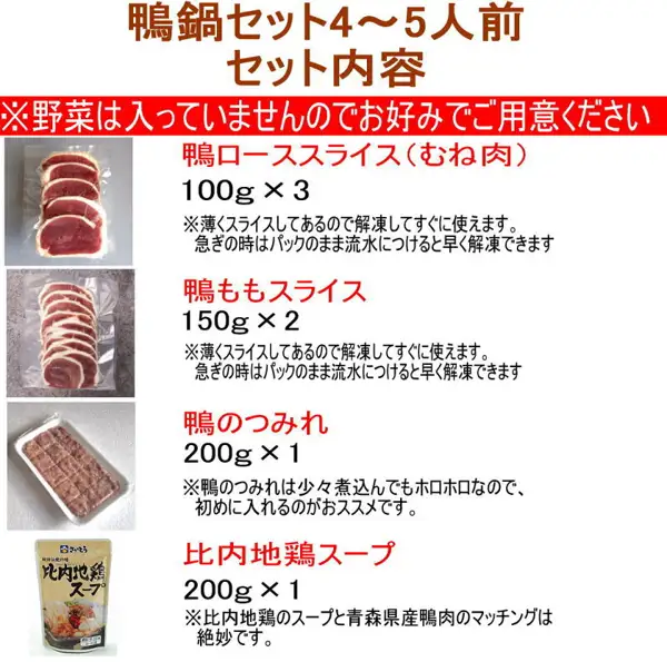 シェフ桑原 鴨鍋セット（4〜5人前）のセット内容を説明した画像。鴨ローススライス（むね肉）・鴨ももスライス・鴨のつみれ・比内地鶏スープの写真が左に並び、右に品目名と量が書かれている。店舗が画像に入れた表示「鴨鍋セット4〜5人前 セット内容」「※野菜は入っていませんのでお好みでご用意ください」「鴨ローススライス（むね肉） 100g×3」「鴨ももスライス 150g×2」「鴨のつみれ 200g×1」「比内地鶏スープ 200g×1」、ロースとももそれぞれの下の注記「※薄くスライスしてあるので解凍してすぐに使えます。急ぎの時はパックのまま流水につけると早く解凍できます」、つみれの下の注記「※鴨のつみれは少々煮込んでもホロホロなので、初めに入れるのがおススメです」、スープの下の注記「※比内地鶏のスープと青森県産鴨肉のマッチングは絶妙です」