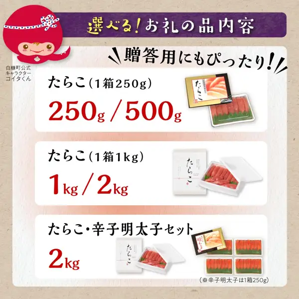 お礼の品の内容を示す案内画像。たらこ（1箱250g）はトレー入りのたらこと化粧箱、たらこ（1箱1kg）は発泡スチロールのトレーに入ったたらこと化粧箱、たらこ・辛子明太子セットはたらこの箱と、辛子明太子の箱およびトレー4つが写る。塩たらこ 一本物 250g〜2kg（北海道白糠町ふるさと納税）。画像内に店舗が画像に入れた表示として、「選べる！お礼の品内容」「贈答用にもぴったり！」「たらこ（1箱250g）250g／500g」「たらこ（1箱1kg）1kg／2kg」「たらこ・辛子明太子セット 2kg」「※辛子明太子は1箱250g」「白糠町公式キャラクター コイタくん」の文字と、赤い頭巾姿のキャラクターのイラストあり。