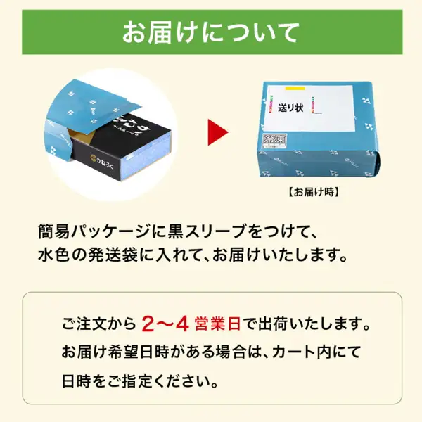 Explanatory image showing how Kanefuku Mentaiko 1kg Uncolored Ipponmono (3L) is delivered: on the left a drawing of the simple packaging with a black sleeve, and after a red arrow a light-blue shipping bag with a "送り状" label. Text the shop put in the image: "お届けについて", "【お届け時】", "簡易パッケージに黒スリーブをつけて、水色の発送袋に入れて、お届けいたします。" and "ご注文から2〜4営業日で出荷いたします。お届け希望日時がある場合は、カート内にて日時をご指定ください。"