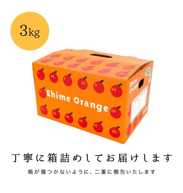赤い果実の絵柄と「Ehime Orange」の文字が入った橙色の段ボール箱の商品写真。左上に黄色い丸で「3kg」。画像内に店舗が画像に入れた表示として「丁寧に箱詰めしてお届けします」「箱が傷つかないように、二重に梱包いたします」の文字あり。（愛媛フルーツビレッジくにやす お試し愛媛まどんな 3kg）