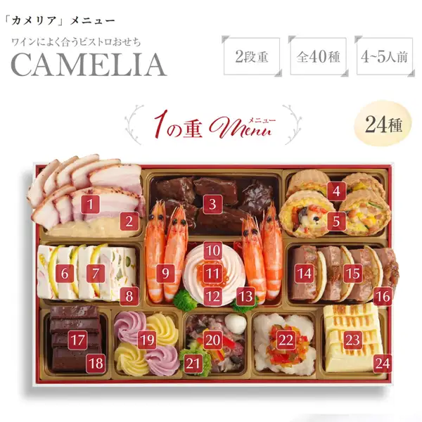 Top-down product photo of the first tier of the Western-style osechi “カメリア,” with numbers 1 to 24 overlaid on the dishes. It holds roast pork belly, a beef stew, four whole prawns, a mousse topped with salmon roe, chocolate gateau, cheese terrine and more. Text added to the image by the store: “『カメリア』メニュー” (“カメリア” menu), “ワインによく合うビストロおせち” (bistro osechi that goes well with wine), “CAMELIA”, “2段重” (two-tier box), “全40種” (40 kinds in all), “4~5人前” (serves 4–5), “1の重 Menu” (first tier menu), “24種” (24 kinds), and the numbers 1 to 24 placed on each dish. FOOD STUDIO Western-Style Osechi “カメリア,” Two-Tier Box, Serves 4–5, Frozen