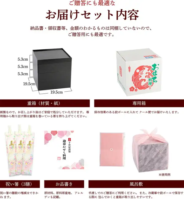 Image laying out the delivery set of 千賀屋謹製 Osechi “おもいやり” Japanese-Style Three-Tier Box, Serves 3, Chilled: a black three-tier paper box with dimension lines, a white shipping box printed with a red-and-green osechi design, three pairs of New Year’s chopsticks marked with the character 寿, a menu card reading “迎春おせち料理”, and a pink furoshiki wrapping cloth with an example of a box wrapped in it. Text the store added to the image: “ご贈答にも最適な” “お届けセット内容” “納品書・領収書等、金額のわかるものは同梱していないので、ご贈答用にも最適です。”, the dimensions “5.3cm” “5.3cm” “5.3cm” “19.5cm” “19.5cm”, the headings “重箱(材質・紙)” “専用箱” “祝い箸(3膳)” “お品書き” “風呂敷” “※使用例”, and a short description under each (for example “紙製なので、お召し上がり後はご家庭で処分していただけます。” “保冷効果のある段ボールに入れてクール便でお届けいたします。” “祝い箸の膳数の増減はできかねます。”)