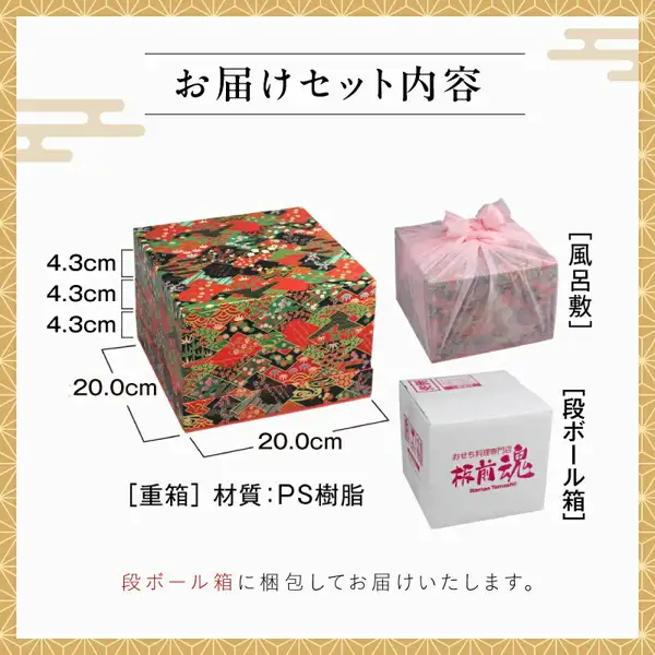 おせち「板前魂の伊勢」のお届け内容を示した図。重箱（高さ4.3cm×3段、幅・奥行き20.0cm、材質PS樹脂）、風呂敷包み、段ボール箱を並べている。店舗が画像に入れた表示「お届けセット内容」「段ボール箱に梱包してお届けいたします。」