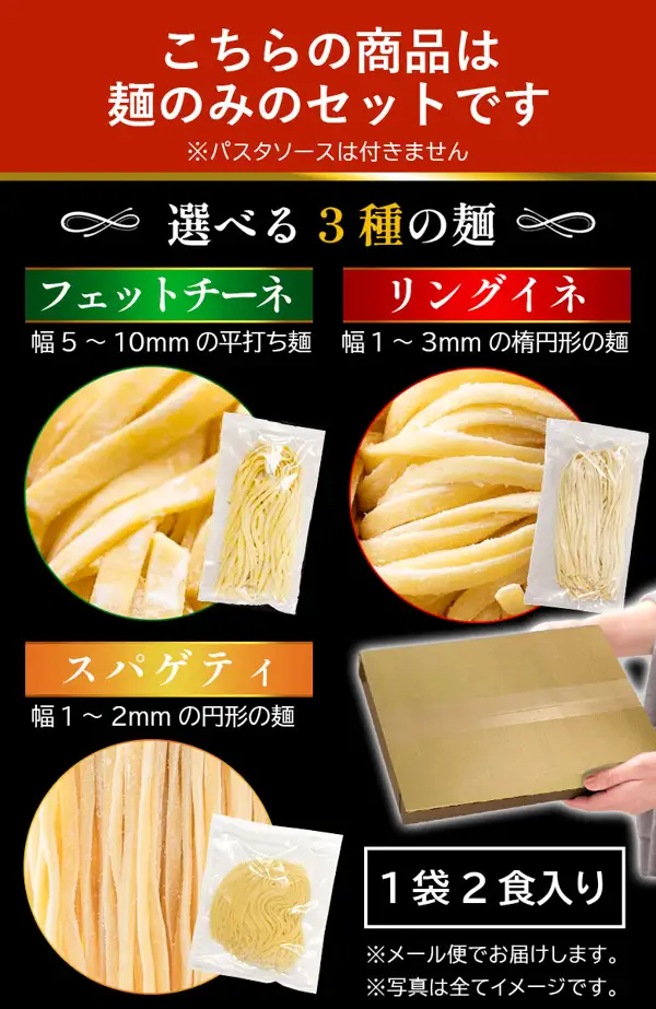 三种面条(フェットチーネ、リングイネ、スパゲティ)的放大照片、装在透明袋中的面条,以及右下角用手拿着的箱子的照片。图片中店铺自行加入的标示包括「こちらの商品は麺のみのセットです」「※パスタソースは付きません」「選べる3種の麺」「フェットチーネ 幅5〜10mmの平打ち麺」「リングイネ 幅1〜3mmの楕円形の麺」「スパゲティ 幅1〜2mmの円形の麺」「1袋2食入り」「※メール便でお届けします。」「※写真は全てイメージです。」。北海道 金の生パスタ 10份装