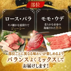 佐賀牛 厳選部位 焼肉用・堪能セット（嬉野市のふるさと納税）の商品写真。左にもみじの葉を添えた焼肉用の牛肉、中央にトングでつまんで網で焼く牛肉、右に白いトレーに広げた薄切り肉を並べた構成。店舗が画像に入れた表示「部位」「ロース・バラ キメ細かな霜降りでジューシー」「モモ・ウデ 柔らかな赤身の凝縮された旨み」「部位ごとに異なる味わいが楽しめるようバランスよくミックスしてお届けします！」