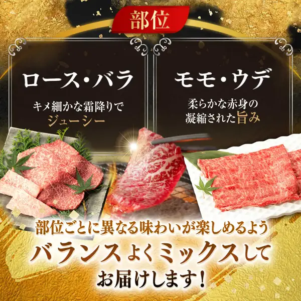 佐賀牛 厳選部位 焼肉用・堪能セット(嬉野市のふるさと納税)の商品写真。左にもみじの葉を添えた焼肉用の牛肉、中央にトングでつまんで網で焼く牛肉、右に白いトレーに広げた薄切り肉を並べた構成。店舗が画像に入れた表示「部位」「ロース・バラ キメ細かな霜降りでジューシー」「モモ・ウデ 柔らかな赤身の凝縮された旨み」「部位ごとに異なる味わいが楽しめるようバランスよくミックスしてお届けします!」