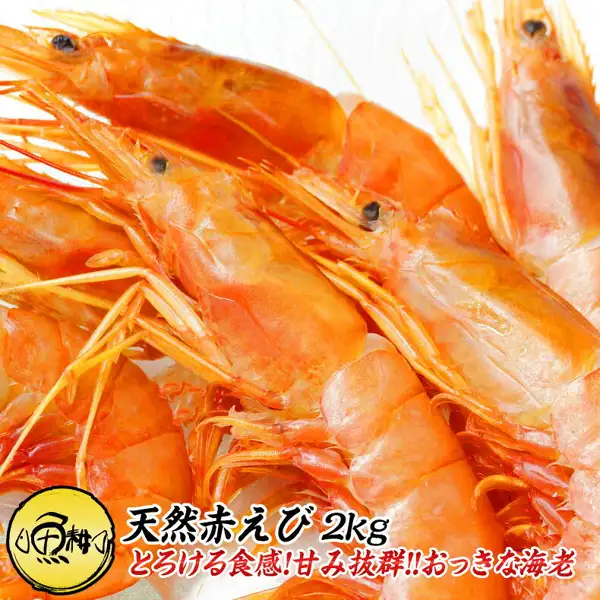 有頭の赤えびが重なった様子を近づけて写した、魚耕 天然赤えび 有頭 2kg（アルゼンチン産）の店舗掲載写真。画像内に店舗が画像に入れた表示として、店舗ロゴ、「天然赤えび 2kg」、「とろける食感!甘み抜群!!おっきな海老」の文字あり