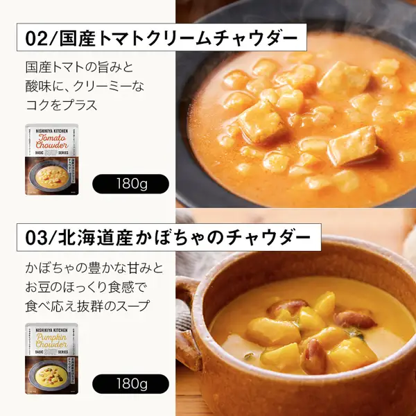 Serving example of 2 of the soups in the ニシキヤキッチン Soup Gift Set of 8 Pouches (in a Gift Box). At the top, orange domestic tomato cream chowder with diced ingredients in a dark bowl; at the bottom, yellow Hokkaido pumpkin chowder with pumpkin and beans in a brown two-handled ceramic bowl; on the left, each soup’s pouch (“Tomato Chowder”, “Pumpkin Chowder”, “BASIC SOUP SERIES”). The image carries the seller’s own text: “02/国産トマトクリームチャウダー”, “国産トマトの旨みと酸味に、クリーミーなコクをプラス” (adds creamy richness to the flavor and acidity of domestic tomatoes), “180g”, “03/北海道産かぼちゃのチャウダー”, “かぼちゃの豊かな甘みとお豆のほっくり食感で食べ応え抜群のスープ” (a hearty soup with the rich sweetness of pumpkin and the soft texture of beans) and “180g”.