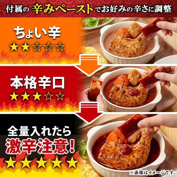 北国 まるごとチキンレッグスープカレー中加入附带辣味酱的量逐渐增加的3段示意照片。手拿辣味酱袋，倾倒在白色餐碗中盛装的带骨鸡腿、胡萝卜、土豆汤咖喱上。店铺在图片中加入的标示有「付属の辛みペーストでお好みの辛さに調整」（用附带的辣味酱调整到喜欢的辣度）「ちょい辛」（微辣，5星中2星）「本格辛口」（正宗辣，5星中3星）「全量入れたら激辛注意！」（全部加入会特辣，请注意！5星中5星）「※画像はイメージです。」（图片仅供参考）等文字