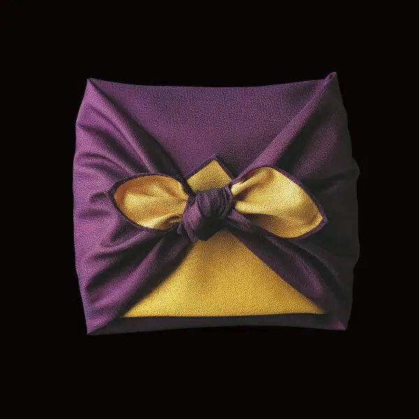 Product photo of the tsukudani gift parcel tied in a purple and gold furoshiki cloth (Recommended Tsukudani Assortment)