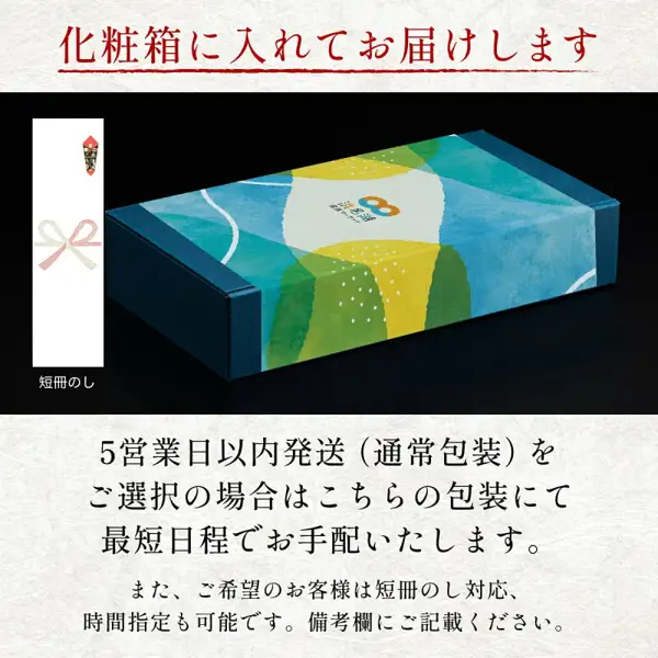 Product photo of the gift box for 浜名湖グルメマーケット Asajime Unagi Kabayaki, 3 Fillets (Chilled Delivery). A navy box wrapped in a teal, green and yellow patterned sleeve stands against a black background, with a sample tanzaku-style noshi tag at left. Text added by the seller to the image: “化粧箱に入れてお届けします”, “短冊のし”, “5営業日以内発送（通常包装）をご選択の場合はこちらの包装にて最短日程でお手配いたします。” and “また、ご希望のお客様は短冊のし対応、時間指定も可能です。備考欄にご記載ください。”