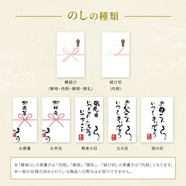 Image of the noshi guide for うなぎの兼光 国産 特大 176g以上 1kg 5〜6尾: noshi paper in the butterfly-knot and fixed-knot styles, and sample noshi with the inscriptions for year-end gifts, midyear gifts, Respect for the Aged Day, Father's Day and Mother's Day. Text the store added to the image: “のしの種類” (types of noshi), “蝶結び（無地・内祝・御祝・御礼）”, “結び切（内祝）”, “お歳暮”, “お中元”, “敬老の日”, “父の日”, “母の日”, and notes that the inscriptions of the butterfly-knot style are “内祝”, “御祝” and “御礼”, that of the fixed-knot style is “内祝”, and that noshi cannot be attached to some products with fixed specifications
