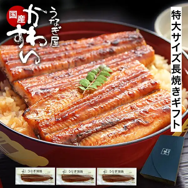 うなぎ屋かわすい 国産 特大長焼き 170g×3本の商品写真。朱塗りの丼のご飯にのった長焼きの蒲焼き、うなぎ蒲焼きの3パック、紺色のギフトボックスが写っている。画像内に店舗が画像に入れた表示として、「国産」「うなぎ屋 かわすい」「特大サイズ長焼きギフト」と書かれている