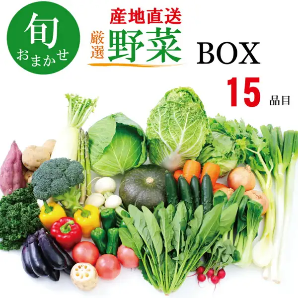 旬の厳選野菜BOX 15品セット（hokibox）の商品写真。ダイコン・キャベツ・白菜・ブロッコリー・かぼちゃ・トマト・ナス・ネギなどの野菜を並べた写真。店舗が画像に入れた表示として「旬 おまかせ」「産地直送」「厳選 野菜 BOX」「15 品目」の文字あり