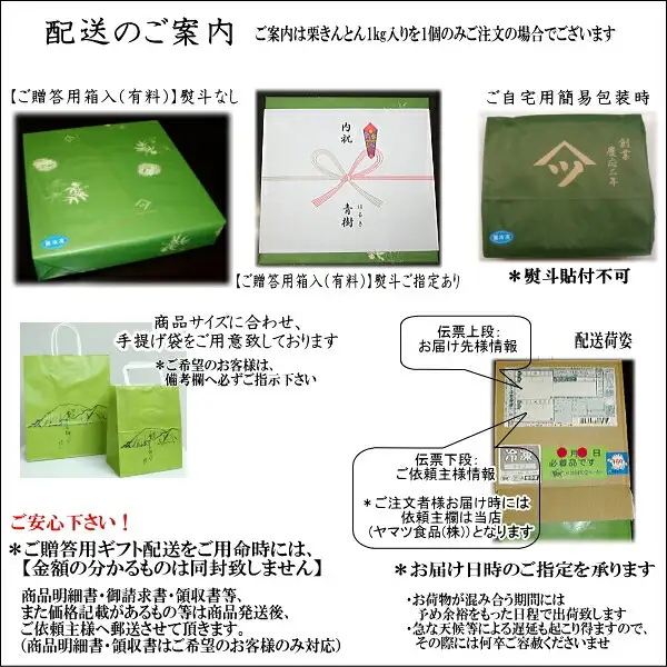 配送のご案内の画像。緑の包装紙の贈答用箱、熨斗をかけた箱、ご自宅用簡易包装の緑の包み、手提げ袋、冷凍便の配送荷姿の写真を並べた店舗の案内（やまつ 中津川栗きんとん 1kg ご贈答用箱入り）。店舗が画像に入れた表示「配送のご案内」「ご案内は栗きんとん1kg入りを1個のみご注文の場合でございます」「ご贈答用箱入（有料）熨斗なし」「ご贈答用箱入（有料）熨斗ご指定あり」「ご自宅用簡易包装時」「熨斗貼付不可」「金額の分かるものは同封致しません」